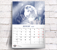 A hanging wall calendar showing August and a picture of a building with a globe on it.