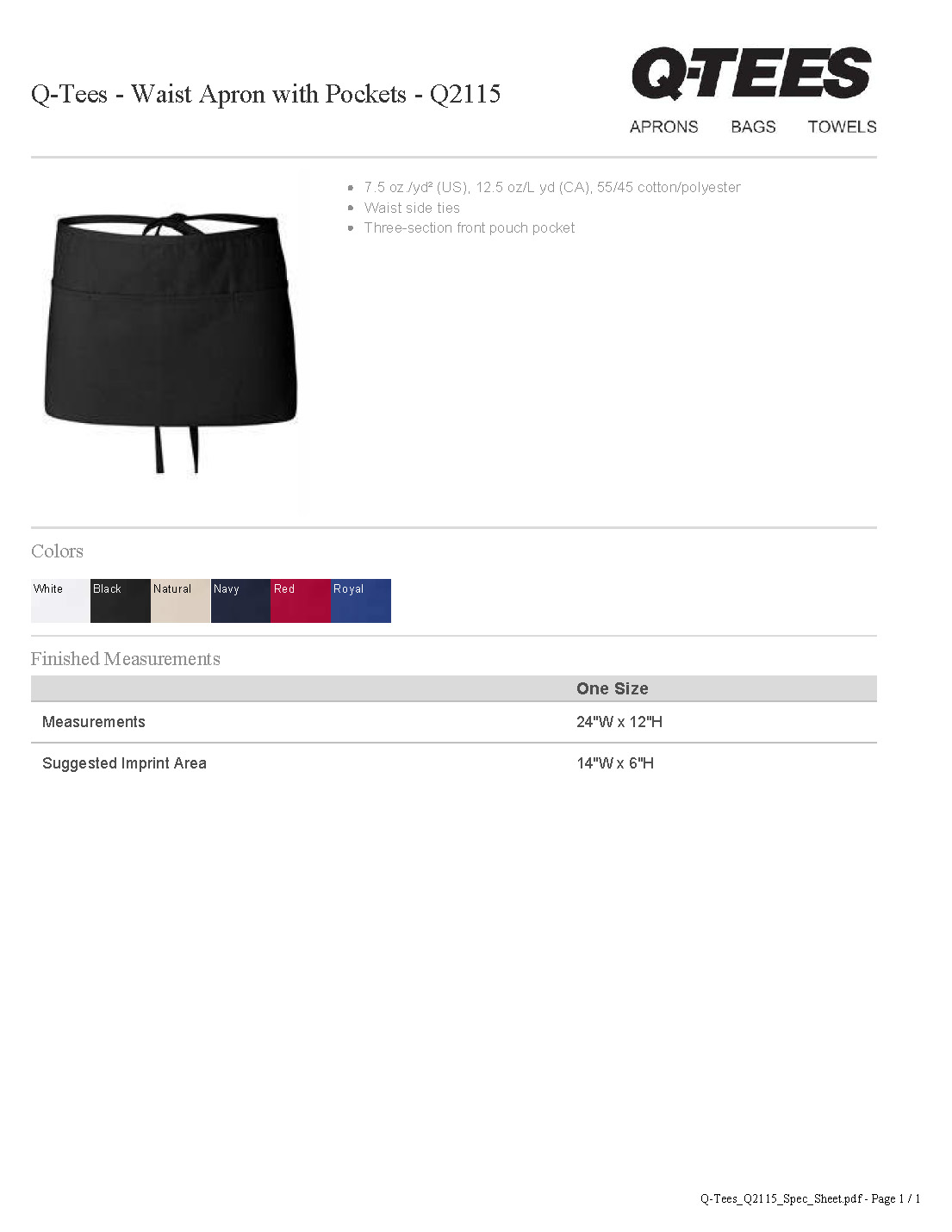 Q-Tees Q2115 Waist Aprons Cotton Polyester